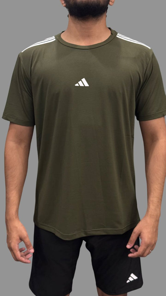 Adi Olive Green T-Shirts with Triline on Shoulders