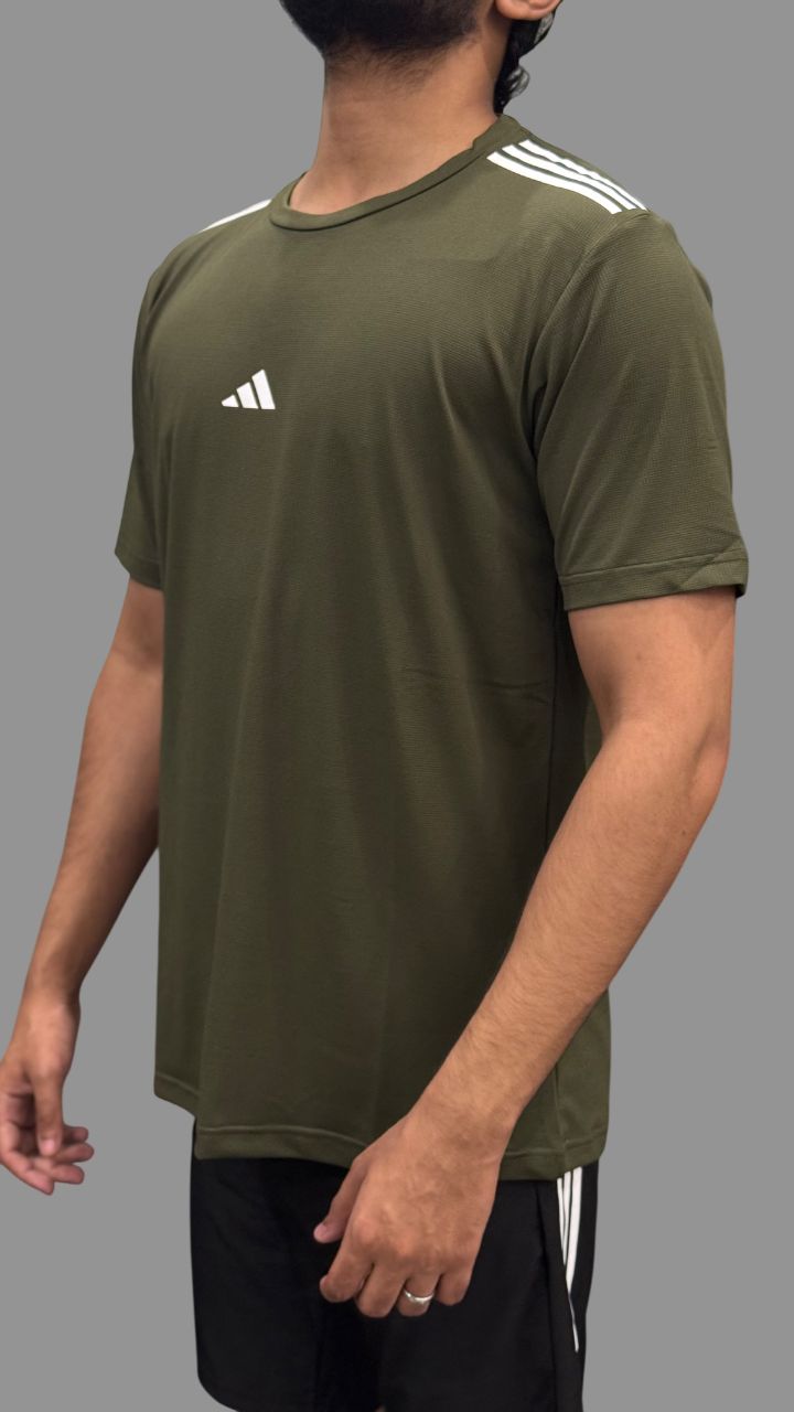 Adi Olive Green T-Shirts with Triline on Shoulders
